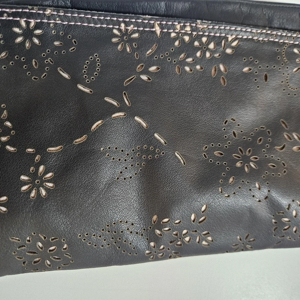 Sigrid Olsen Black Leather Floral Laser Cut Perforated Foldover Clutch Shoulder